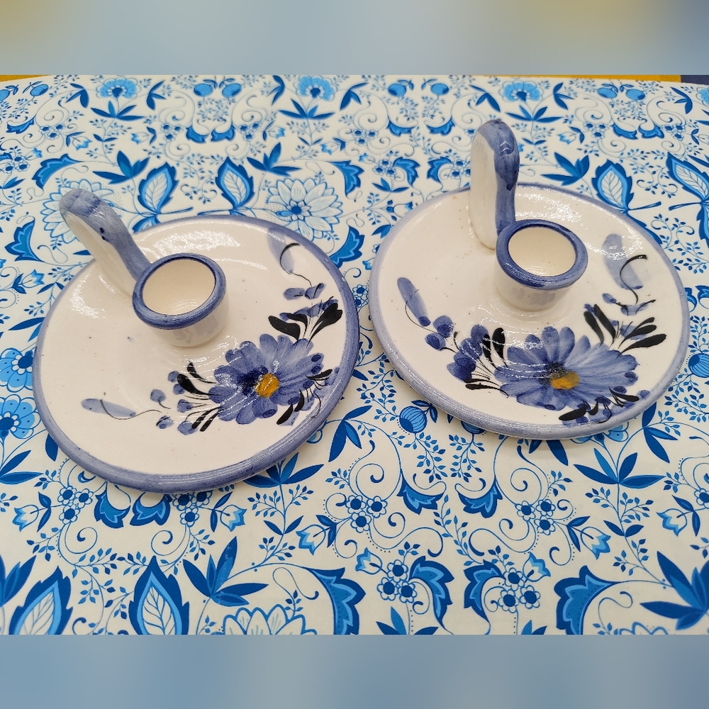 Vintage Blue White Floral Ceramic Candle Holders Set 2 Chamberstick Handpainted